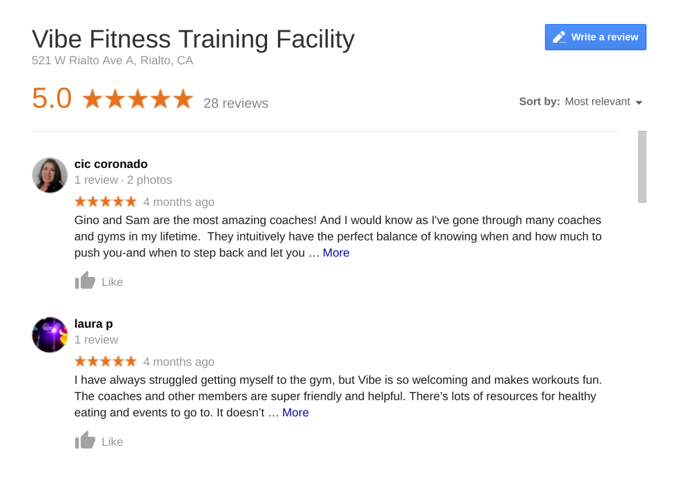fitness google reviews
